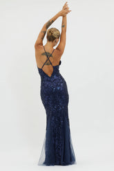 Serenade Song Godet Hem Sequin Maxi Dress Navy